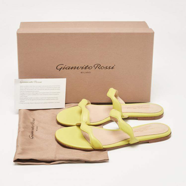 Pre Owned Gianvito Rossi Green Leather Wavy Flat Slides Size 37