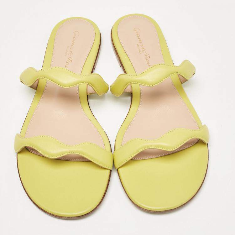 Pre Owned Gianvito Rossi Green Leather Wavy Flat Slides Size 37