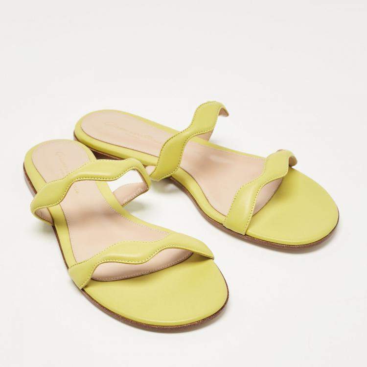 Pre Owned Gianvito Rossi Green Leather Wavy Flat Slides Size 37