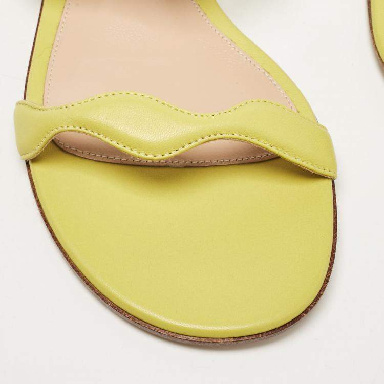 Pre Owned Gianvito Rossi Green Leather Wavy Flat Slides Size 37