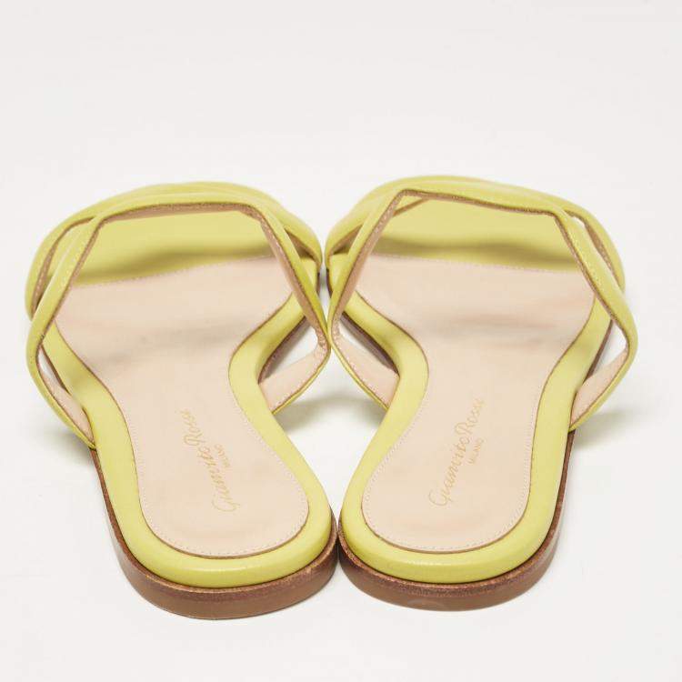 Pre Owned Gianvito Rossi Green Leather Wavy Flat Slides Size 37