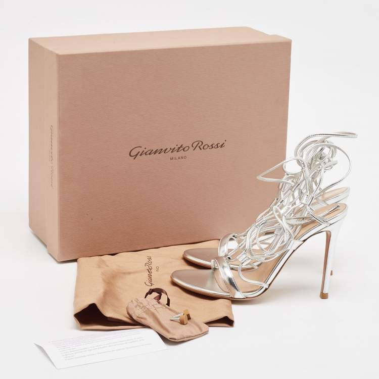 Pre Owned Gianvito Rossi Silver Leather Giza Ankle Wrap Sandals Size 37