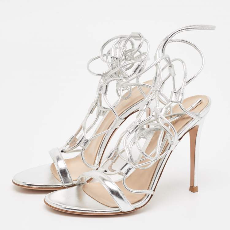 Pre Owned Gianvito Rossi Silver Leather Giza Ankle Wrap Sandals Size 37