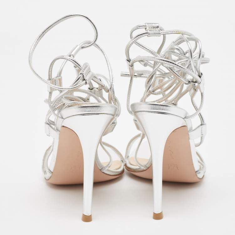 Pre Owned Gianvito Rossi Silver Leather Giza Ankle Wrap Sandals Size 37