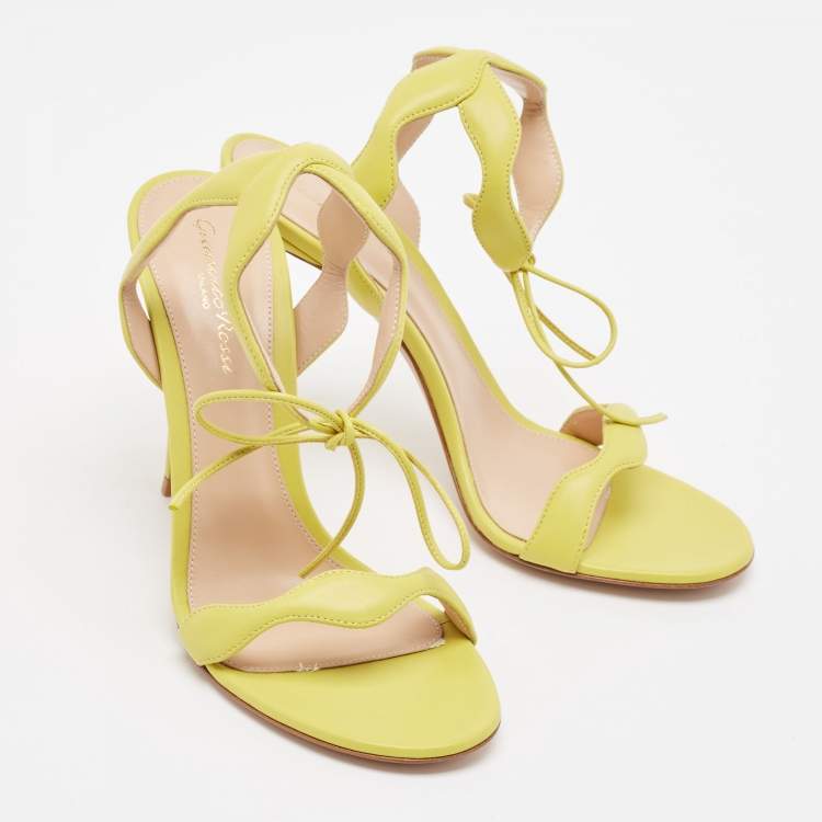Pre Owned Gianvito Rossi Green Leather Wavy Ankle Tie Sandals Size 39.5