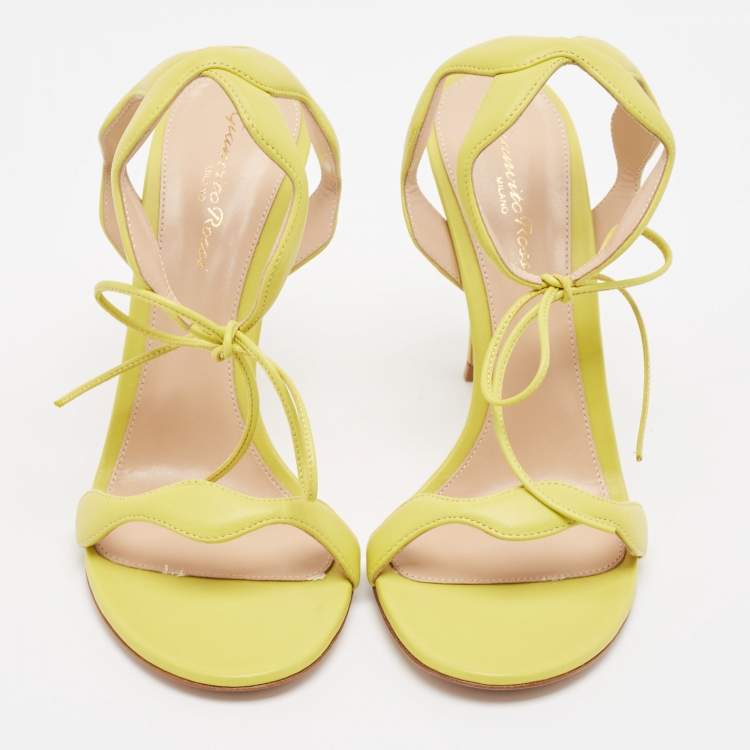 Pre Owned Gianvito Rossi Green Leather Wavy Ankle Tie Sandals Size 39.5