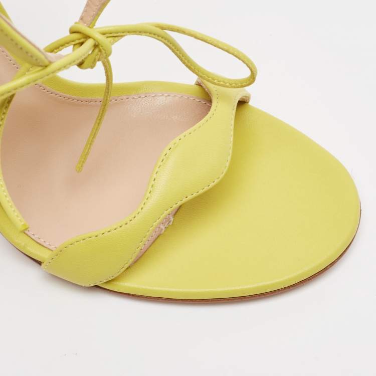 Pre Owned Gianvito Rossi Green Leather Wavy Ankle Tie Sandals Size 39.5