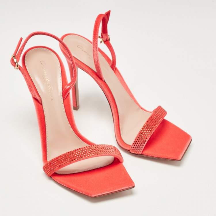 Pre Owned Gianvito Rossi Poppy Red Velvet Embellished Britney Sandals Size 39.5