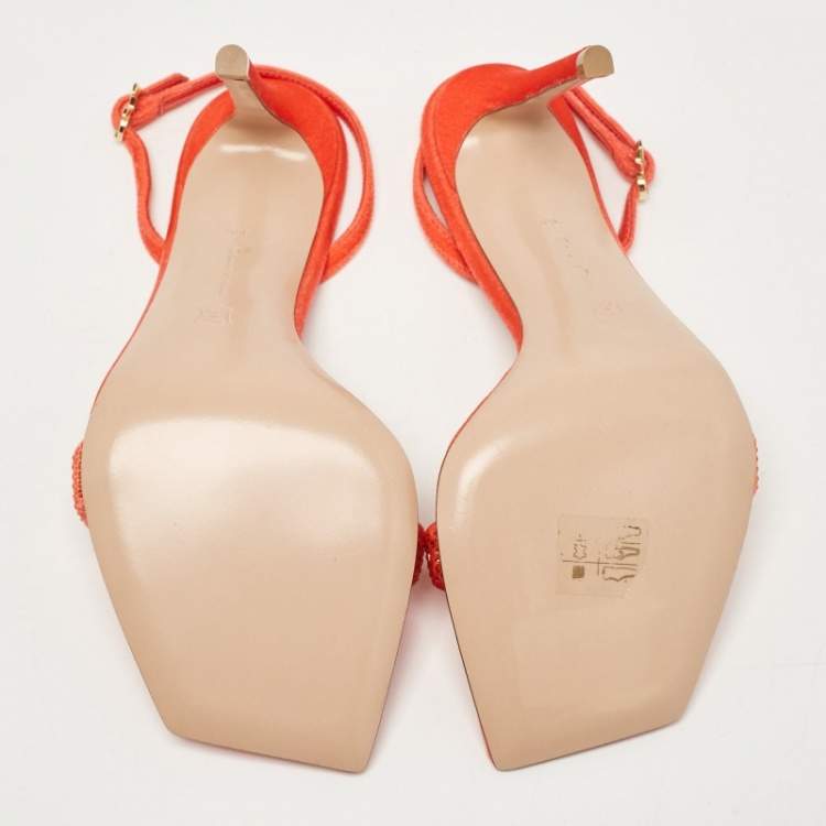 Pre Owned Gianvito Rossi Poppy Red Velvet Embellished Britney Sandals Size 39.5