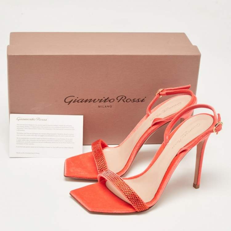 Pre Owned Gianvito Rossi Poppy Red Velvet Embellished Britney Sandals Size 39.5