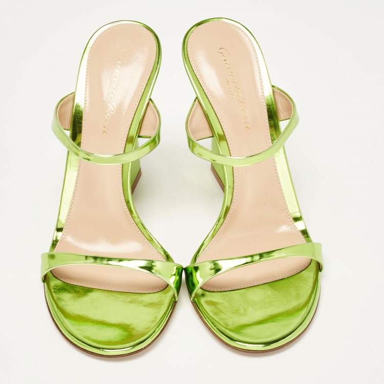 Pre Owned Gianvito Rossi Green Leather Slide Sandals Size 37.5