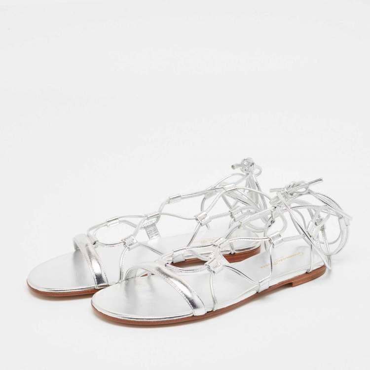 Pre Owned Gianvito Rossi Silver Leather Giza Flat Sandals Size 37