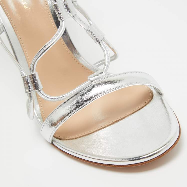 Pre Owned Gianvito Rossi Silver Leather Giza Ankle Wrap Sandals Size 39.5