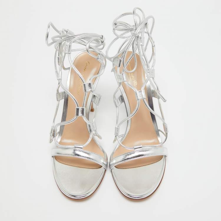 Pre Owned Gianvito Rossi Silver Leather Giza Ankle Wrap Sandals Size 39.5