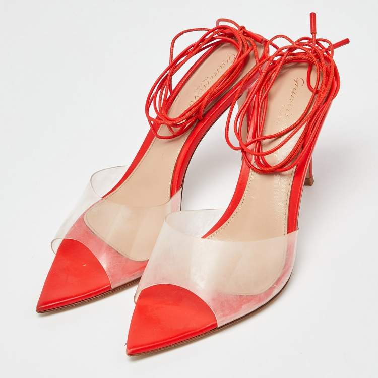 Pre Owned Gianvito Rossi Poppy Red Leather and PVC Skye Sandals Size 41.5