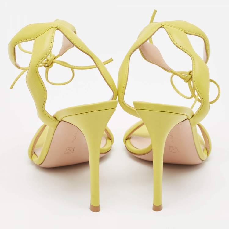 Pre Owned Gianvito Rossi Yellow Leather Wavy Ankle Tie Sandals Size 39.5