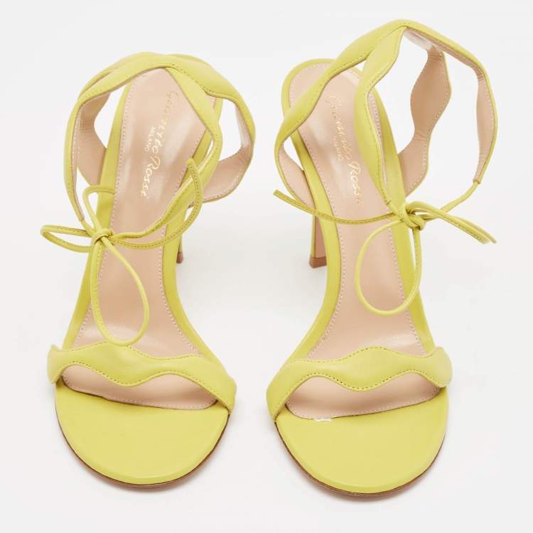 Pre Owned Gianvito Rossi Yellow Leather Wavy Ankle Tie Sandals Size 39.5
