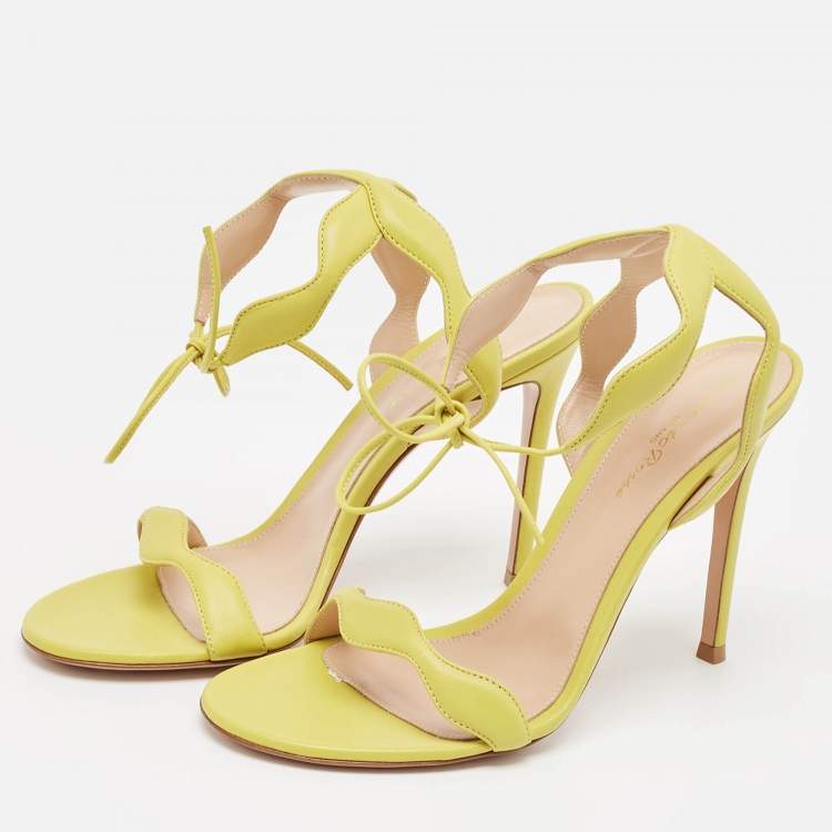Pre Owned Gianvito Rossi Yellow Leather Wavy Ankle Tie Sandals Size 39.5