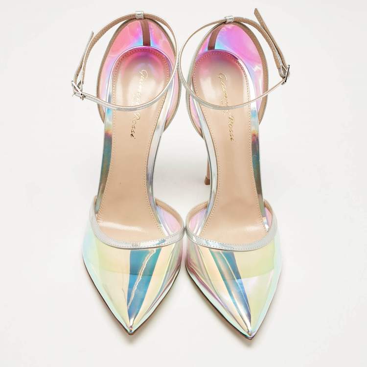 Pre Owned Gianvito Rossi Iridescent Leather and  PVC Ankle Strap Pumps  Size 39.5