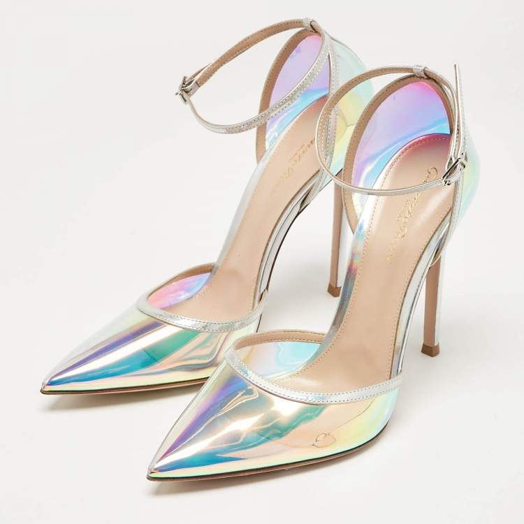 Pre Owned Gianvito Rossi Iridescent Leather and  PVC Ankle Strap Pumps  Size 39.5