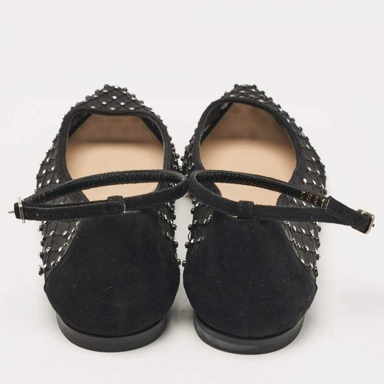 Pre Owned Gianvito Rossi Black Mesh and Suede Crystal Studded Ankle Strap Ballet Flats Size 37