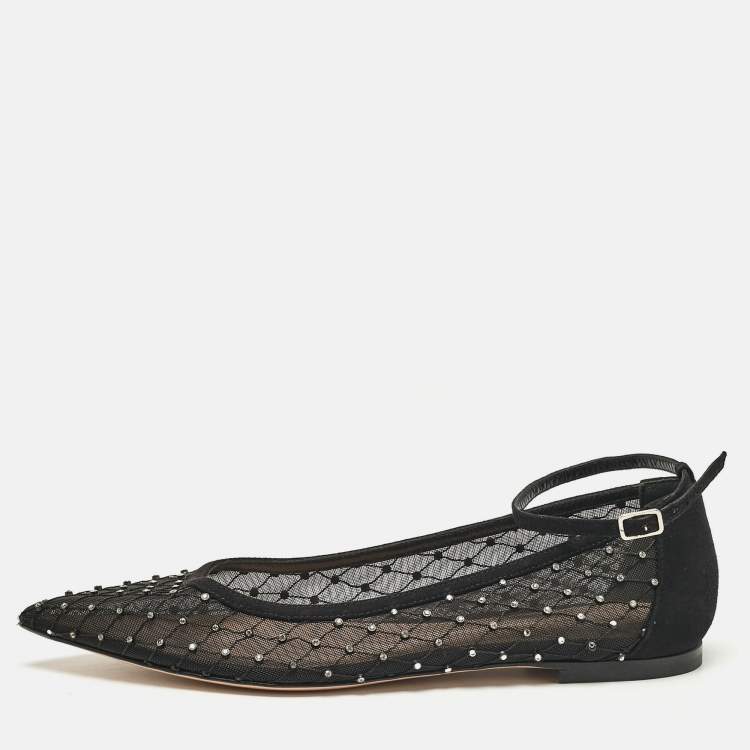 Pre Owned Gianvito Rossi Black Mesh and Suede Crystal Studded Ankle Strap Ballet Flats Size 37