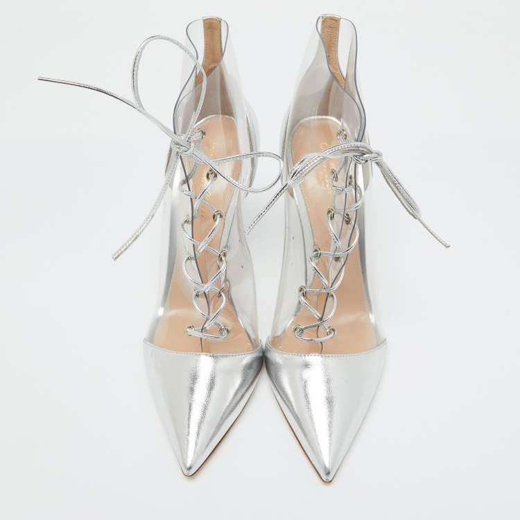 Pre Owned Gianvito Rossi Silver Leather and PVC Icon Ankle Length Boots Size 40