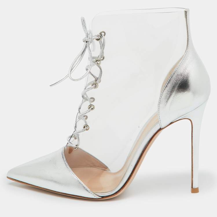 Pre Owned Gianvito Rossi Silver Leather and PVC Icon Ankle Length Boots Size 40