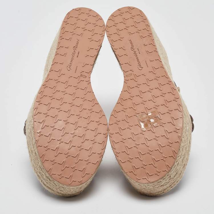 Pre Owned Gianvito Rossi Brown Braided Leather Merida Espadrille Wedge Sandals Size 40.5