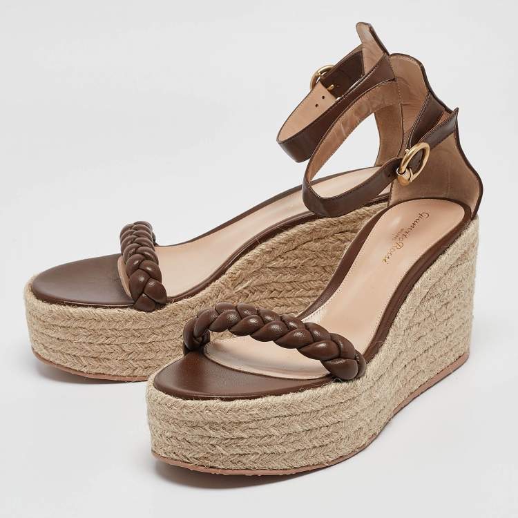Pre Owned Gianvito Rossi Brown Braided Leather Merida Espadrille Wedge Sandals Size 40.5