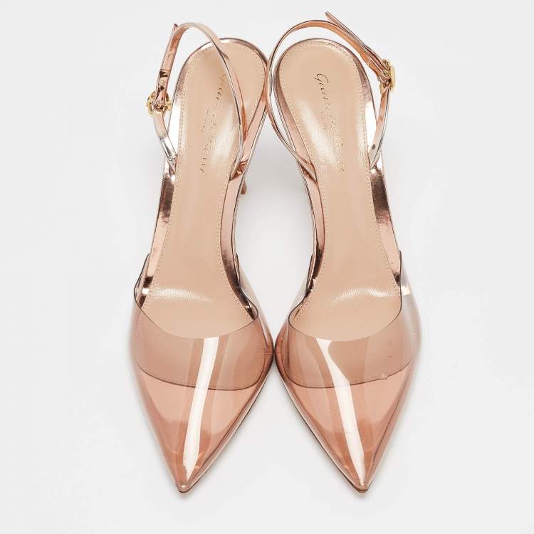 Pre Owned Gianvito Rossi Rose Gold PVC and Leather Ribbon Slingback Pumps Size 38.5