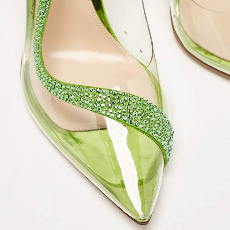 Pre Owned Gianvito Rossi Transparent/Green PVC and Suede Embellished Hortensia Pumps Size 40.5