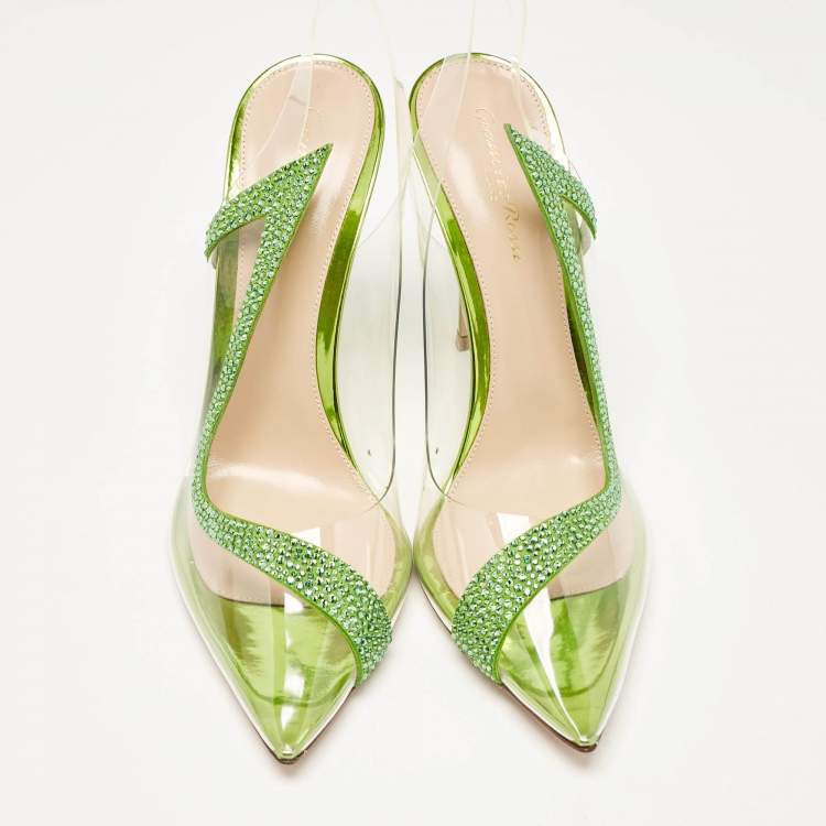 Pre Owned Gianvito Rossi Transparent/Green PVC and Suede Embellished Hortensia Pumps Size 40.5