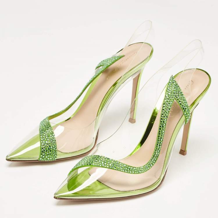 Pre Owned Gianvito Rossi Transparent/Green PVC and Suede Embellished Hortensia Pumps Size 40.5