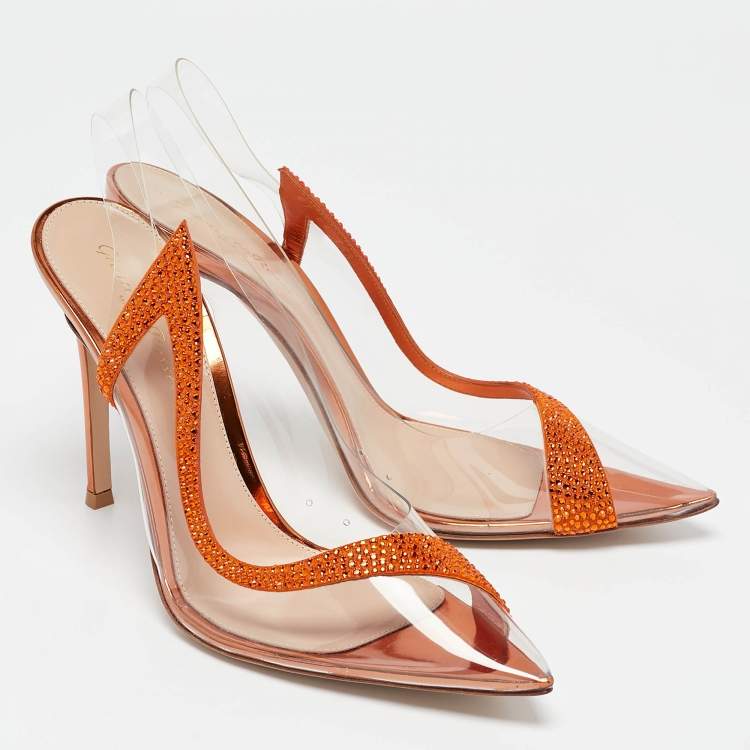 Pre Owned Gianvito Rossi Transparent/Orange PVC and Suede Embellished Hortensia Pumps Size 38.5