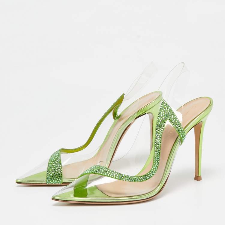 Pre Owned Gianvito Rossi Transparent/Green PVC and Suede Embellished Hortensia Pumps Size 39.5