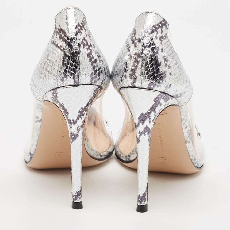Pre Owned Gianvito Rossi Silver Snake Embossed Leather and PVC Plexi Pumps Size 39.5