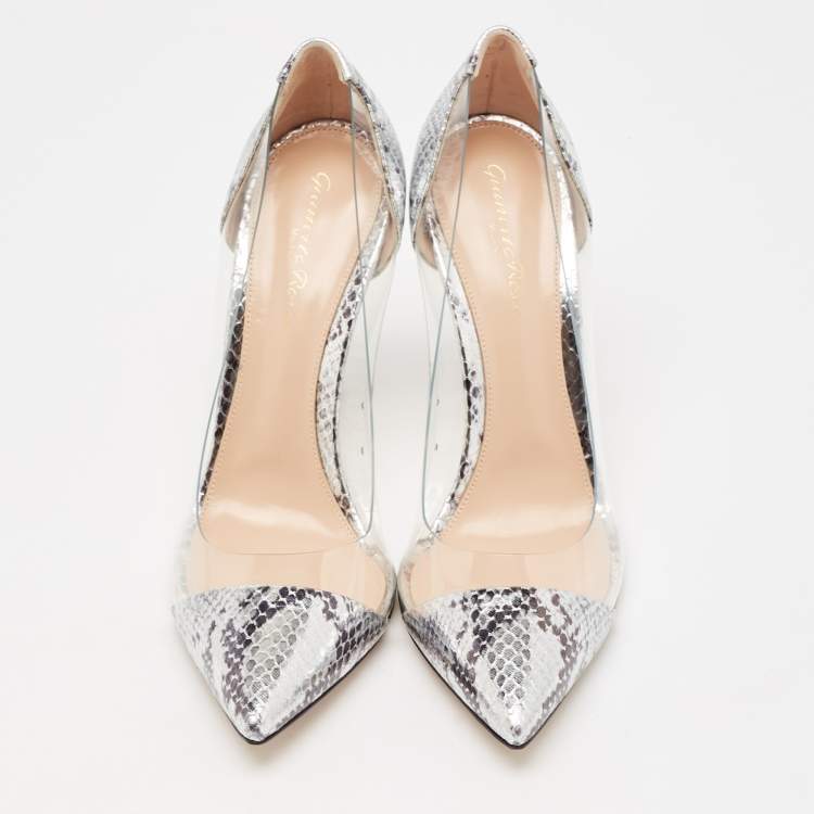 Pre Owned Gianvito Rossi Silver Snake Embossed Leather and PVC Plexi Pumps Size 39.5