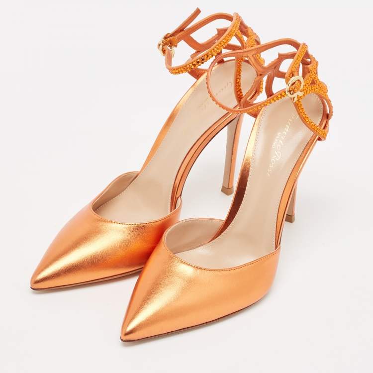 Pre Owned Gianvito Rossi Metallic Orange Leather Fleur Sandals Size 39