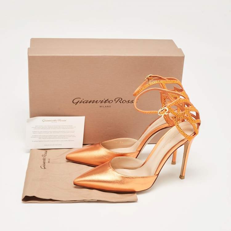 Pre Owned Gianvito Rossi Metallic Orange Leather Fleur Ankle Strap Sandals Size 39
