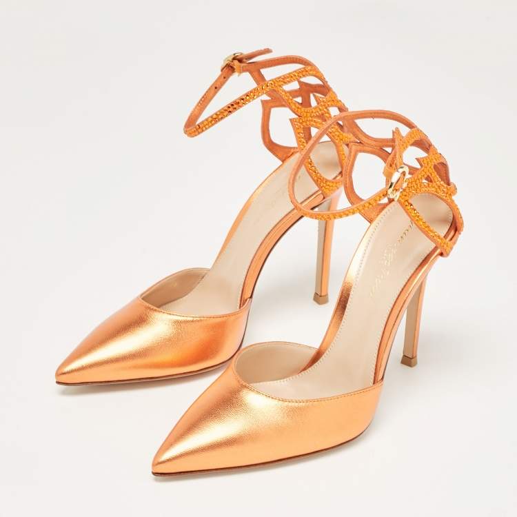 Pre Owned Gianvito Rossi Metallic Orange Leather Fleur Ankle Strap Sandals Size 39