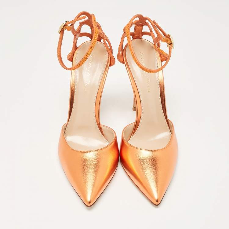 Pre Owned Gianvito Rossi Metallic Orange Leather Fleur Ankle Strap Sandals Size 39