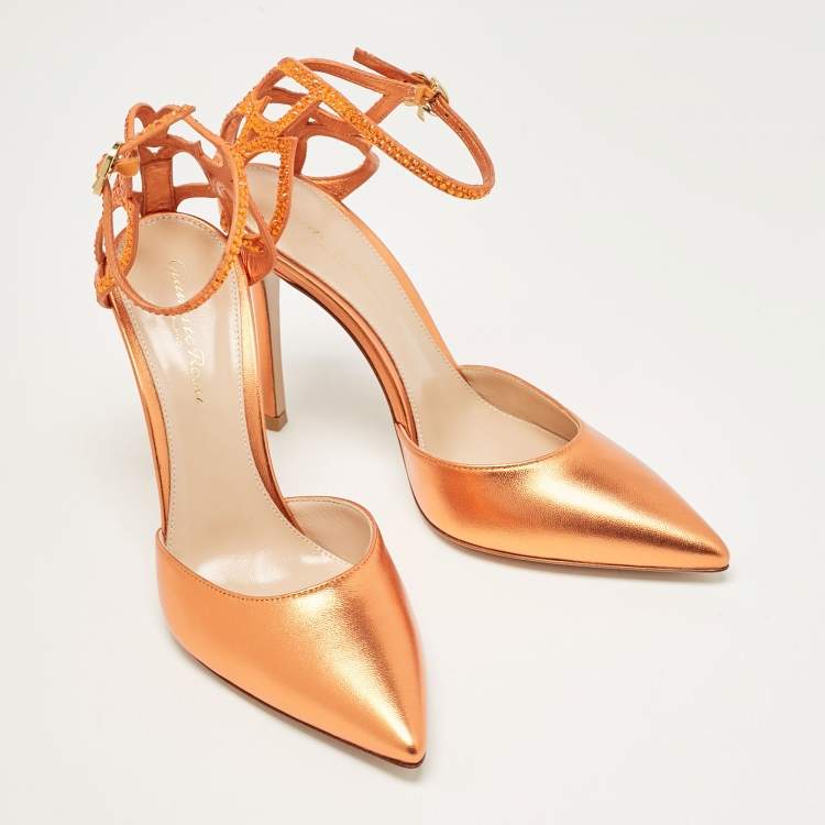 Pre Owned Gianvito Rossi Metallic Orange Leather Fleur Ankle Strap Sandals Size 39