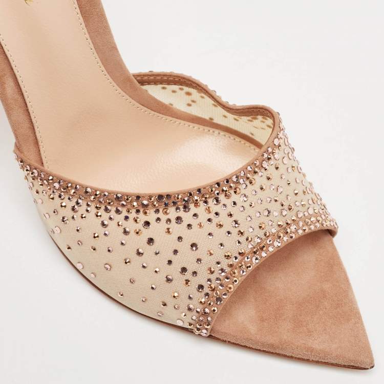 Pre Owned Gianvito Rossi Beige Mesh and Suede Rania Mules Size 38.5