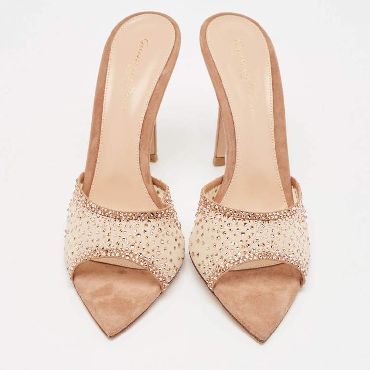 Pre Owned Gianvito Rossi Beige Mesh and Suede Rania Mules Size 38.5