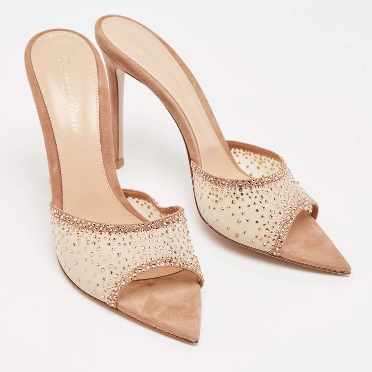 Pre Owned Gianvito Rossi Beige Mesh and Suede Rania Mules Size 38.5