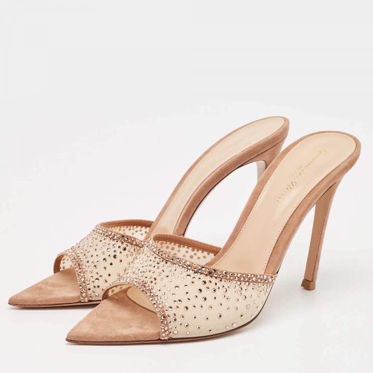 Pre Owned Gianvito Rossi Beige Mesh and Suede Rania Mules Size 38.5