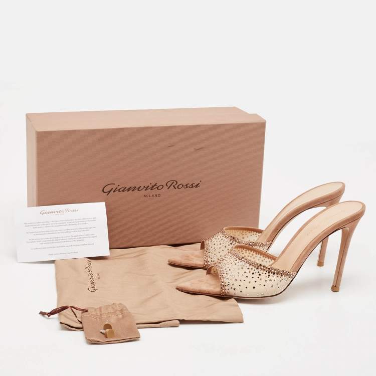 Pre Owned Gianvito Rossi Beige Mesh and Suede Rania Mules Size 38.5