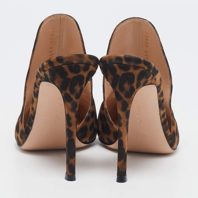 Pre Owned Gianvito Rossi Brown/Black Leopard Print Fabric Aramis Mules Size 39