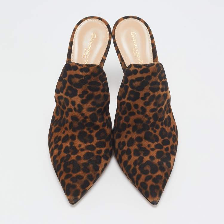 Pre Owned Gianvito Rossi Brown/Black Leopard Print Fabric Aramis Mules Size 39